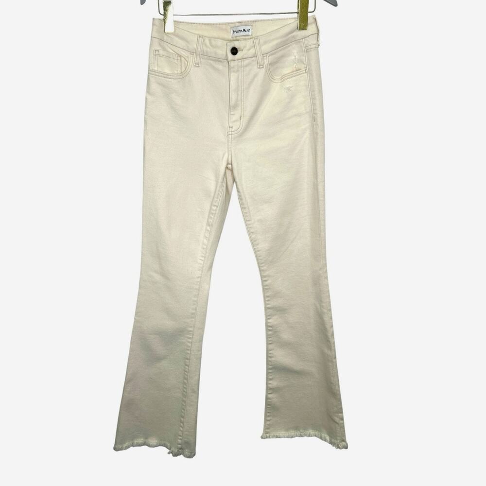 Studio Blue Mid Rise Cream Bootcut Jeans Contrast Stitch Fringe Hem 28